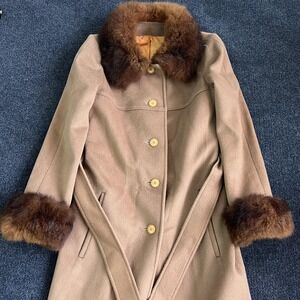 Vintage Jill Jr Coat Womens Small Brown Wool Fur Trim Belted Overcoat